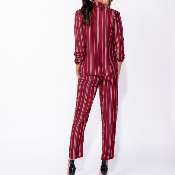 SALE! Burgundy Striped High Waist Straight Pants - Picture 3 of 9